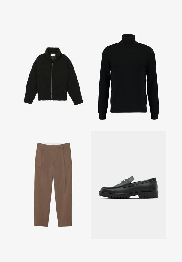 Musta tekokarvalehtijakku korkean kauluksen, vetoketjun, joustavat hihansuut ja tilkkutäkkikuvion. Sisältää sivutaskut ja pehmeän pinnan.; Mustat poolokauluspusero, joka on valmistettu pehmeästä neulomateriaalista. Siinä on pitkät hihat, ribbireunus kauluksessa ja helmassa. Yksinkertainen, tyylikäs muotoilu ilman kuvioita.; Ruskeita räätälöityjä housuja, jotka on valmistettu teksturoidusta kankaasta. Housuissa on laskokset, vyölenkit ja suora leikkaus. Ei näkyviä varusteita.; Musta nahkaloafers, joissa on pyöreä kärki, ommeltu pinta, matala alusta ja kuvioitu, kuminen ulkopohja.