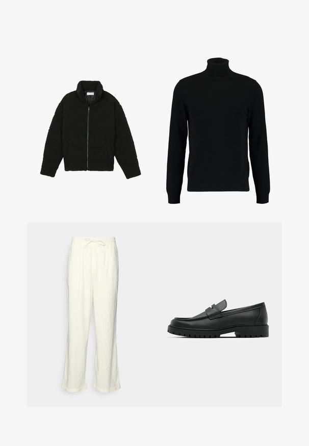 Veste en fausse fourrure noire avec un col haut, fermeture éclair, poignets élastiques et un design matelassé. Elle possède des poches latérales et une texture douce.; Un pull à col roulé noir en matière tricotée douce. Il possède des manches longues, un col et un ourlet côtelés. Son design est simple et épuré, sans motifs.; Pantalons en lin blanc cassé avec une taille élastique, jambes légèrement larges et ourlets roulés pour un look décontracté. Pas de poches.; Mocassins en cuir noir à bout arrondi, avec un design cousu, une semelle plateforme basse et une semelle en caoutchouc texturée et crantée.