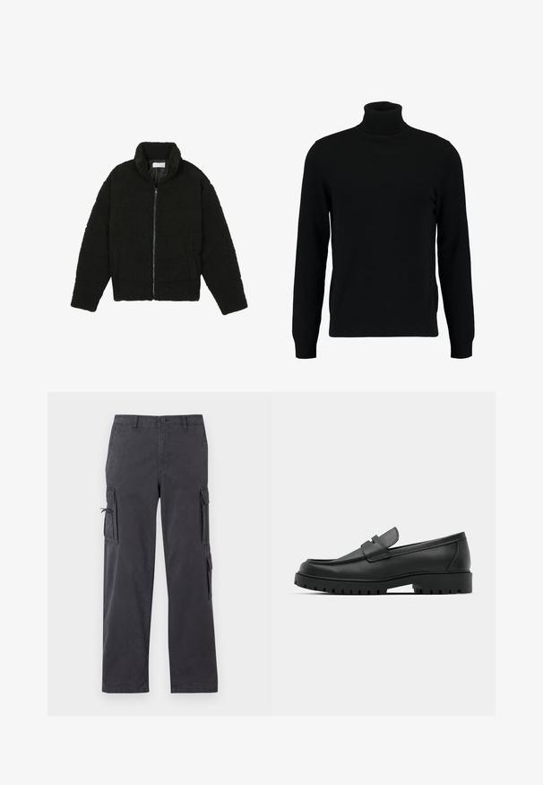 Must must karusnahast jakk kõrge kraega, lukuga sulgemine, elastsed varrukad ja tikandmuster. Omab küljetaskuid ja pehmet tekstuuri.; Musta kõrge kaelusega kampsun, mis on valmistatud pehmest kudumist materjalist. Omab pikki varrukaid, soonikpitsiga kaela- ja alumist äärt. Lihtne ja sujuv disain ilma mustriteta.; Tumedat hallid cargo-püksid sirge sääre disainiga, valmistatud vastupidavast puuvilla segust, sisaldavad küljetaskuid ja reguleeritavaid nöörasid.; Mustad musta nahast loafers, millel on ümar varvas, tikandiga disain, madal platvorm-soon ja tekstureeritud, soonikkummist välistald.