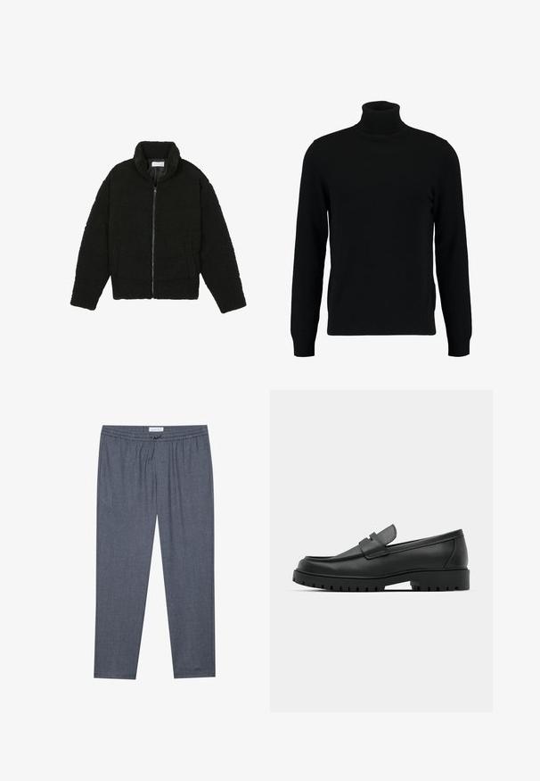 Črna jakna iz umetnega krzna z visokim ovratnikom, z zadrgo, elastičnimi manšetami in kviltanim dizajnom. Ima stranske žepke in mehak tekstur.; Črn pulover s turtleneck ovratnikom, izdelan iz mehkega pletenega materiala. Ima dolge rokave, rebrast ovratnik in rob. Preprost, eleganten dizajn brez vzorcev.; Sive hlače ravnih nogavic z elastičnim pasom in subtilno teksturo. Tkanina se zdi mehka in udobna, primerna za sproščeno nošenje.; Črne usnjene loafers čevlje z zaobljenim nosom, ki imajo šivano zasnovo, nizko platformo in teksturiran, profiliran gumijast podplat.