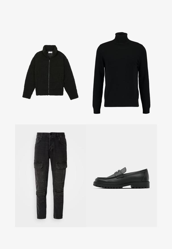 Črna jakna iz umetnega krzna z visokim ovratnikom, z zadrgo, elastičnimi manšetami in kviltanim dizajnom. Ima stranske žepke in mehak tekstur.; Črn pulover s turtleneck ovratnikom, izdelan iz mehkega pletenega materiala. Ima dolge rokave, rebrast ovratnik in rob. Preprost, eleganten dizajn brez vzorcev.; Črne cargo hlače z več stranskimi žepi, zoženimi nogami in trpežno teksturo denima. Zapenjanje z gumbom in zadrgo.; Črne usnjene loafers čevlje z zaobljenim nosom, ki imajo šivano zasnovo, nizko platformo in teksturiran, profiliran gumijast podplat.