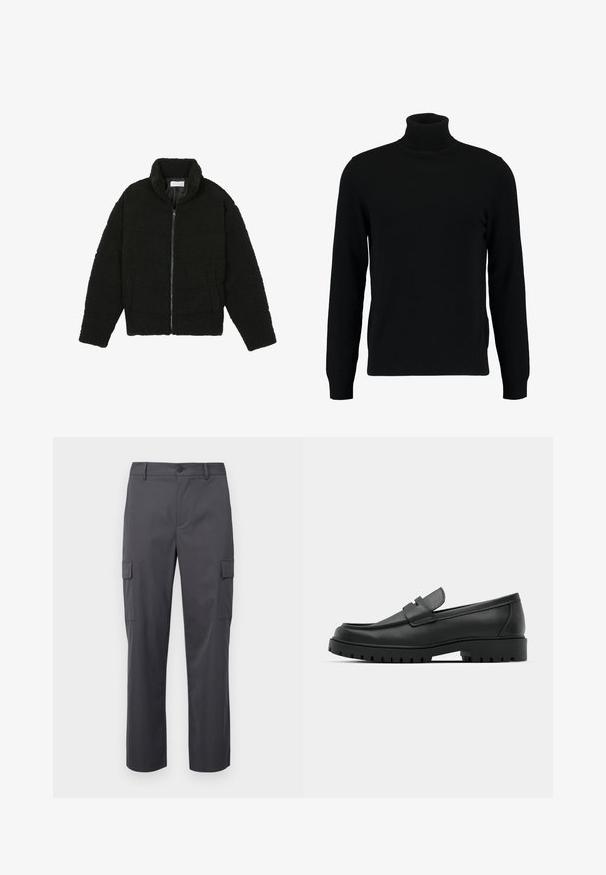 Čierna umelá kožušinová bunda s vysokým golierom, zipsom, elastickými manžetami a prešívaným dizajnom. Má bočné vrecká a jemnú textúru.; Čierny rolák vyrobený z mäkkého pleteného materiálu. Má dlhé rukávy, rebrovaný golier a lem. Jednoduchý, elegantný dizajn bez vzorov.; Charcoal šedé cargo nohavice vyrobené z hladkej tkaniny, s rovnými nohavicami, dvoma bočnými vreckami a zapínaním na gombík v páse.; Čierne kožené mokasíny s okrúhlou špičkou, s prešitým dizajnom, nízkou platformou a textúrovanou, zúbkovanou gumovou podrážkou.