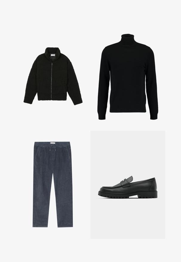 Schwarze Kunstpelzjacke mit hohem Kragen, Reißverschluss, elastischen Bündchen und gestepptem Design. Verfügt über seitliche Taschen und eine weiche Textur.; Schwarzer Rollkragenpullover aus weichem Strickmaterial. Mit langen Ärmeln, geripptem Kragen und Saum. Schlichtes, elegantes Design ohne Muster.; Marineblaue Cordhosen mit elastischem Bund und Kordelzug; mit seitlichen Taschen und vertikaler Rippstruktur. Gerades Bein Design.; Schwarze Lederloafer mit runder Zehenform, ausgestattet mit einem gesteppten Design, niedrigem Plattformsohle und einer strukturierten, genoppten Gummisohle.