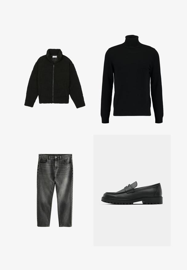 Jachetă din blană sintetică neagră, cu guler înalt, închidere cu fermoar, manșete elastice și un design matlasat. Dispune de buzunare laterale și o textură moale.; Pulover negru cu gât înalt, confecționat dintr-un material tricotat moale. Dispune de mâneci lungi, guler și tiv cu model în cremă. Design simplu, elegant, fără modele.; Jeans din denim gri închis cu o croială relaxată, cinci buzunare, decolorare subtilă și cusături în contrast. Închidere cu buton metalic și fermoar.; Mocasini din piele neagră cu vârful rotunjit, având un design cusut, talpă joasă și o talpă din cauciuc texturat, cu crampoane.