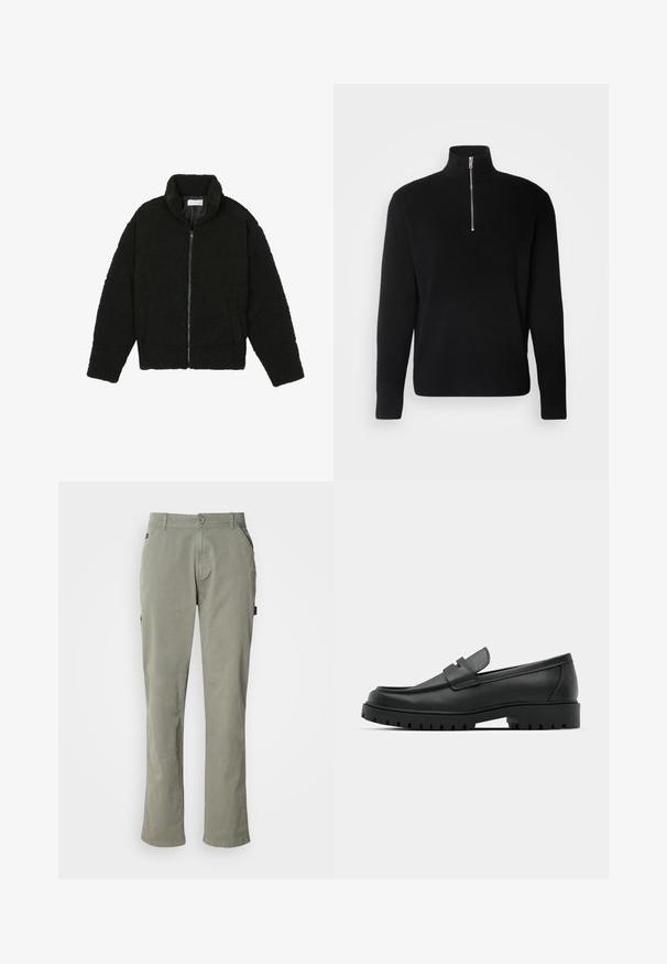 Giacca in pelliccia sintetica nera con colletto alto, chiusura con zip, polsini elasticizzati e design trapuntato. Presenta tasche laterali e una consistenza morbida.; Lindbergh HALF ZIP - Maglione - black; Pantaloni di cotone verde chiaro a taglio dritto, con tasche frontali, chiusura con bottone e vita con passanti per cintura.; Mocassini in pelle nera con punta rotonda, caratterizzati da un design cucito, suola piatta bassa e un battistrada in gomma testurizzata e scolpita.