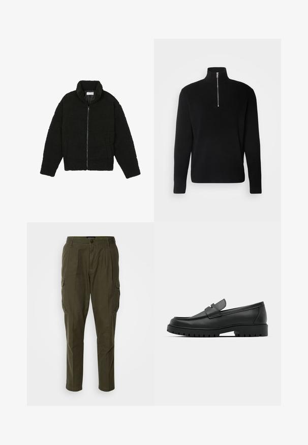 Čierna umelá kožušinová bunda s vysokým golierom, zipsom, elastickými manžetami a prešívaným dizajnom. Má bočné vrecká a jemnú textúru.; Lindbergh HALF ZIP  - Svetrík - black; Cargo nohavice v olivovo zelenej bavlnene zmesi, so viacerými bočnými vreckami, rovný strih a prešitie pozdĺž pásu.; Čierne kožené mokasíny s okrúhlou špičkou, s prešitým dizajnom, nízkou platformou a textúrovanou, zúbkovanou gumovou podrážkou.