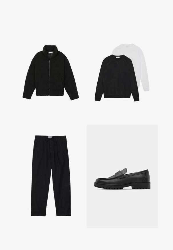 Jachetă din blană sintetică neagră, cu guler înalt, închidere cu fermoar, manșete elastice și un design matlasat. Dispune de buzunare laterale și o textură moale.; Hanorace alb-negru cu guler rotund, fabricate dintr-un material moale. Cel negru are o bandă elastică și manșete întunecate; cel alb are manșete deschise la culoare.; Pier One Pantaloni chino - black; Mocasini din piele neagră cu vârful rotunjit, având un design cusut, talpă joasă și o talpă din cauciuc texturat, cu crampoane.