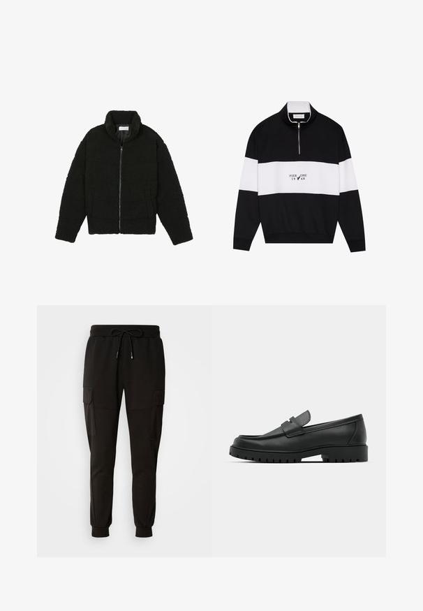 Črna jakna iz umetnega krzna z visokim ovratnikom, z zadrgo, elastičnimi manšetami in kviltanim dizajnom. Ima stranske žepke in mehak tekstur.; Pier One Športni pulover - jet black; Črne trenirke z elastičnim pasom in vrvico. Imajo cargo žepke na straneh in elastične manšete pri gležnjih.; Črne usnjene loafers čevlje z zaobljenim nosom, ki imajo šivano zasnovo, nizko platformo in teksturiran, profiliran gumijast podplat.