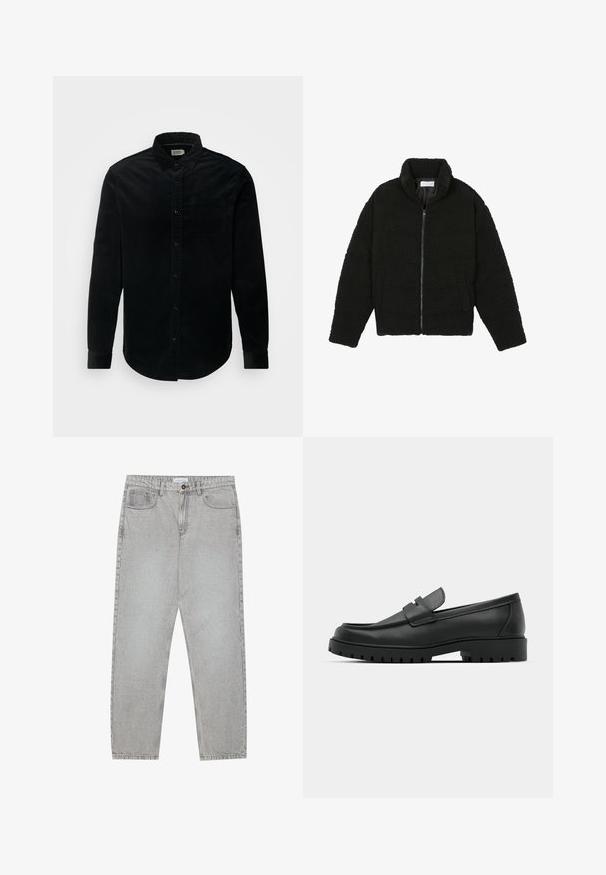 Černá umělá kožešinová bunda s vysokým límcem, zipovým uzávěrem, elastickými manžetami a prošívaným designem. Obsahuje postranní kapsy a jemnou texturu.; Černý svetr s límcem na zip, dlouhými rukávy, žebrovanými manžetami a lemem, vyrobený z měkké a hladké tkaniny.; Černá kordurová košile s dlouhými rukávy, knoflíkovým zapínáním v přední části, sklápěcím límcem, jednou náprsní kapsou a zaobleným lemem. Texturovaná tkanina.; Světlé šedé džíny s rovnými nohavicemi, pět kapsami a knoflíkovým zapínáním. Viditelné švy podél švů.; Černé kožené mokasíny s kulatou špičkou, zdobené prošitím, s nízkou platformou a texturovanou gumovou podrážkou s drážkováním.