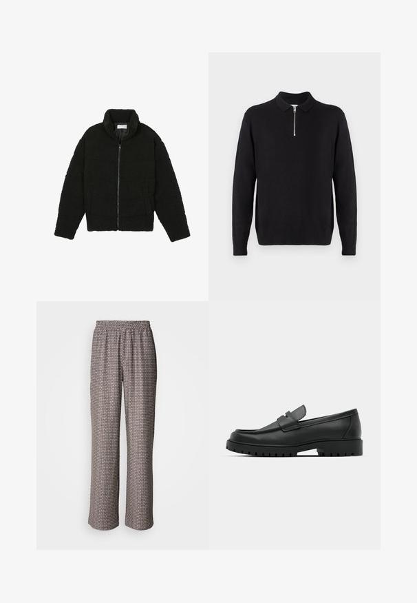 Black faux fur jacket with a high collar, zip closure, elastic cuffs, and a quilted design. Features side pockets and a soft texture.; Black pullover sweater with a zippered collar, long sleeves, ribbed cuffs and hem, made of a soft, smooth fabric.; Wide-leg pants made of lightweight fabric, featuring a black and white geometric pattern with an elastic waistband.; Black leather loafers with a rounded toe, featuring a stitched design, low platform sole, and a textured, lugged rubber outsole.