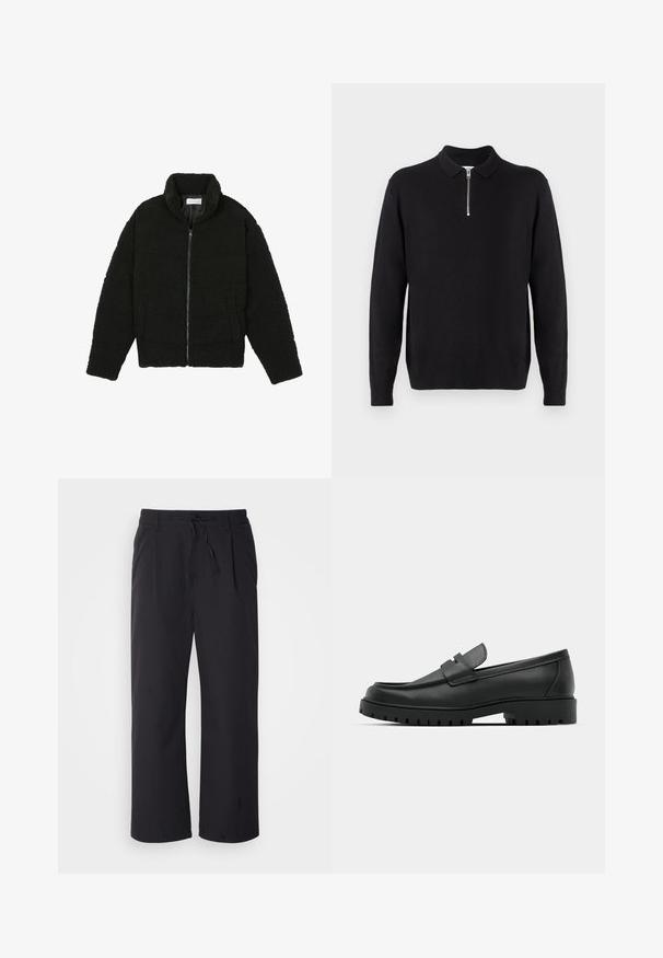 Crna jakna od umjetnog krzna s visokim ovratnikom, zatvaranjem na zip, elastičnim manžetama i kviltanim dizajnom. Sadrži bočne džepove i mekanu teksturu.; Crni pulover s patentnim zatvaračem na ovratniku, dugim rukavima, rebrastim rubovima i hemom, izrađen od mekog, glatkog materijala.; Hlace širokih nogavica od teksturirane crne tkanine s elastičnim pojasom, koje imaju dva prednja džepa i ravni kroj.; Crne kožne mokasine s zaobljenim vrhom, s ušivenim dizajnom, niskom platformom i teksturiranim, gumenim potplatom s izbočinama.