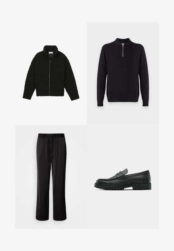 Giacca in pelliccia sintetica nera con colletto alto, chiusura con zip, polsini elasticizzati e design trapuntato. Presenta tasche laterali e una consistenza morbida.; Maglione nero a pullover con colletto con zip, maniche lunghe, polsini e orlo a coste, realizzato in un tessuto morbido e liscio.; Pantaloni neri, larghi, con vita elastica e cordoncino regolabile. Tessuto liscio con dettagli delle cuciture laterali, senza tasche.; Mocassini in pelle nera con punta rotonda, caratterizzati da un design cucito, suola piatta bassa e un battistrada in gomma testurizzata e scolpita.