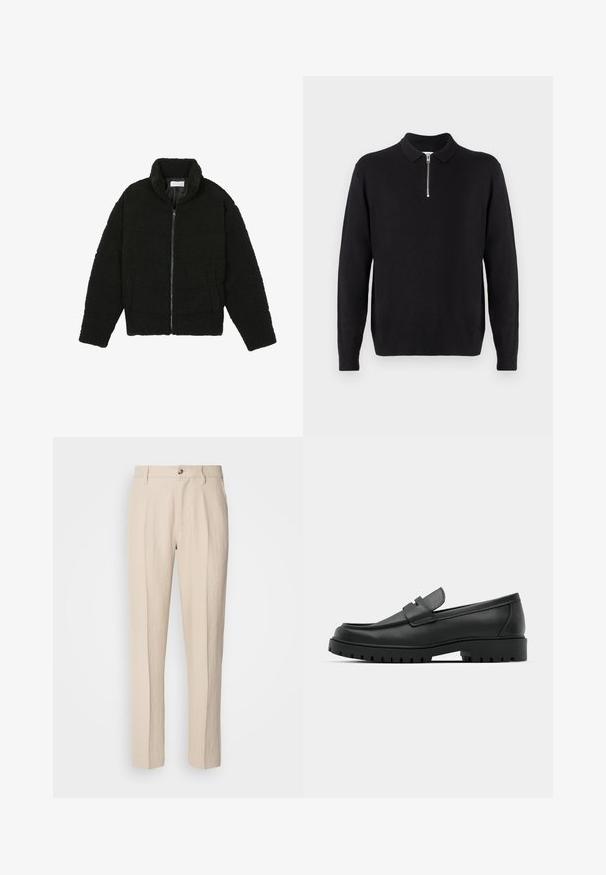 Must must karusnahast jakk kõrge kraega, lukuga sulgemine, elastsed varrukad ja tikandmuster. Omab küljetaskuid ja pehmet tekstuuri.; Must mustriga mustri, millel on lukuga kaelus, pikad varrukad, soonikkoesed ja ääred, valmistatud pehmest ja sujuvast kangast.; Beez, kohandatud püksid kergest kangast, sirge lõikega, kahe eesmine taskuga ja ühe nupuga kinnise.; Mustad musta nahast loafers, millel on ümar varvas, tikandiga disain, madal platvorm-soon ja tekstureeritud, soonikkummist välistald.