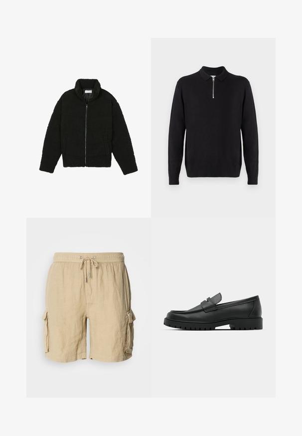 Chaqueta de pelaje sintético negro con cuello alto, cierre de cremallera, puños elásticos y un diseño acolchado. Cuenta con bolsillos laterales y una textura suave.; Suéter negro de punto con cuello con cremallera, mangas largas, puños y dobladillo acanalados, fabricado en una tela suave y lisa.; Pantalones cortos cargo beige hechos de un tejido ligero con cintura elástica y cordón ajustable. Presenta dos bolsillos laterales y un acabado texturizado.; Mocasines de cuero negro con punta redonda, que cuentan con un diseño cosido, suela de plataforma baja y una suela de goma texturada y con tacos.