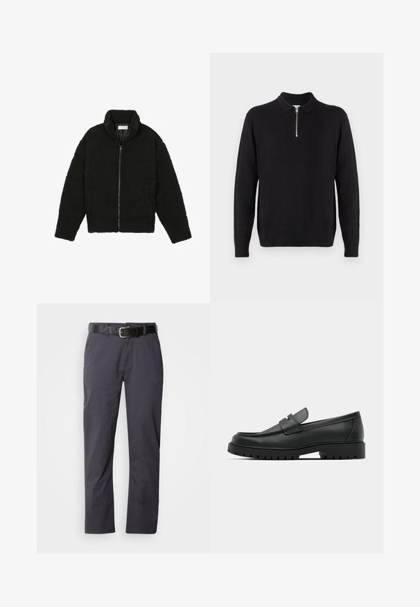 Črna jakna iz umetnega krzna z visokim ovratnikom, z zadrgo, elastičnimi manšetami in kviltanim dizajnom. Ima stranske žepke in mehak tekstur.; Črn pulover s kapuco in zadrgo, dolgimi rokavi, rebrastimi manšeti in robom, izdelan iz mehke, gladke tkanine.; Črne bombažne hlače s ravnim krojem, ki vsebujejo dva sprednja žepa in pas. Tkanina ima gladko teksturo in mat zaključek.; Črne usnjene loafers čevlje z zaobljenim nosom, ki imajo šivano zasnovo, nizko platformo in teksturiran, profiliran gumijast podplat.