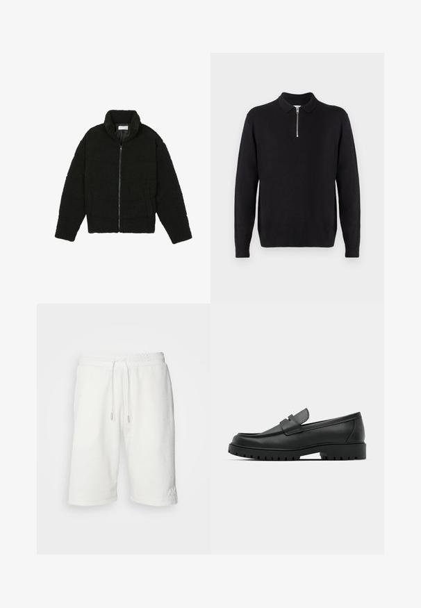 Giacca in pelliccia sintetica nera con colletto alto, chiusura con zip, polsini elasticizzati e design trapuntato. Presenta tasche laterali e una consistenza morbida.; Maglione nero a pullover con colletto con zip, maniche lunghe, polsini e orlo a coste, realizzato in un tessuto morbido e liscio.; Shorts bianchi in cotone con superficie strutturata, vita elasticizzata e cordoncino. Presenta un piccolo logo sul lato sinistro in basso.; Mocassini in pelle nera con punta rotonda, caratterizzati da un design cucito, suola piatta bassa e un battistrada in gomma testurizzata e scolpita.