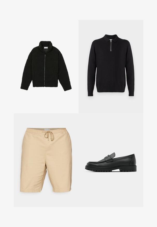 Zwarte faux fur jas met een hoge kraag, ritssluiting, elastische manchetten en een doorgestikt ontwerp. Beschikt over zijzakken en een zachte textuur.; Zwarte pullover trui met een ritskraag, lange mouwen, ribgebreide manchetten en zoom, gemaakt van een zachte, gladde stof.; Lichtbeige shorts van een stof met een gladde textuur, met een elastische tailleband en trekkoord, en zijzakken.; Zwarte leren instappers met een ronde neus, voorzien van een gestikt ontwerp, een lage platformzool en een gestructureerde, grof rubberen buitenzool.