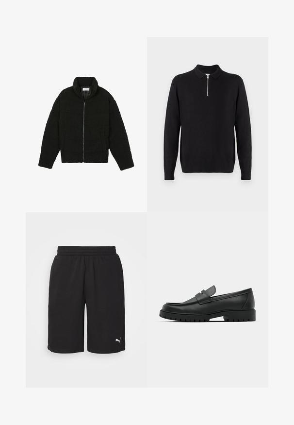 Schwarze Kunstpelzjacke mit hohem Kragen, Reißverschluss, elastischen Bündchen und gestepptem Design. Verfügt über seitliche Taschen und eine weiche Textur.; Schwarzer Pullover mit einem Reißverschlusskragen, langen Ärmeln, gerippten Bündchen und Saum, aus einem weichen, glatten Stoff hergestellt.; Puma ESSENTIALS - Kurze Sporthose - black; Schwarze Lederloafer mit runder Zehenform, ausgestattet mit einem gesteppten Design, niedrigem Plattformsohle und einer strukturierten, genoppten Gummisohle.