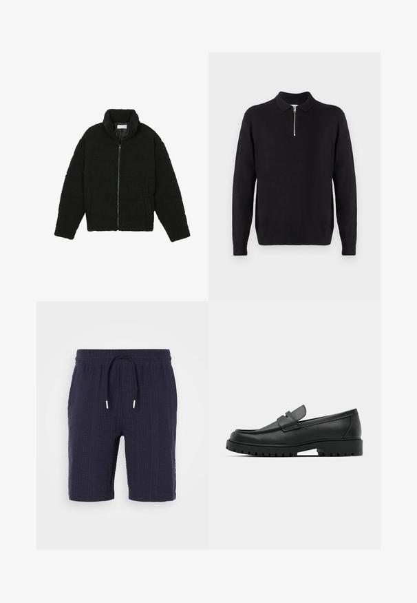 Schwarze Kunstpelzjacke mit hohem Kragen, Reißverschluss, elastischen Bündchen und gestepptem Design. Verfügt über seitliche Taschen und eine weiche Textur.; Schwarzer Pullover mit einem Reißverschlusskragen, langen Ärmeln, gerippten Bündchen und Saum, aus einem weichen, glatten Stoff hergestellt.; Marineblaue Shorts mit strukturiertem Muster, elastischem Bund und Kordelzugverschluss. Sie verfügen über eine entspannte Passform und eine Länge über dem Knie.; Schwarze Lederloafer mit runder Zehenform, ausgestattet mit einem gesteppten Design, niedrigem Plattformsohle und einer strukturierten, genoppten Gummisohle.