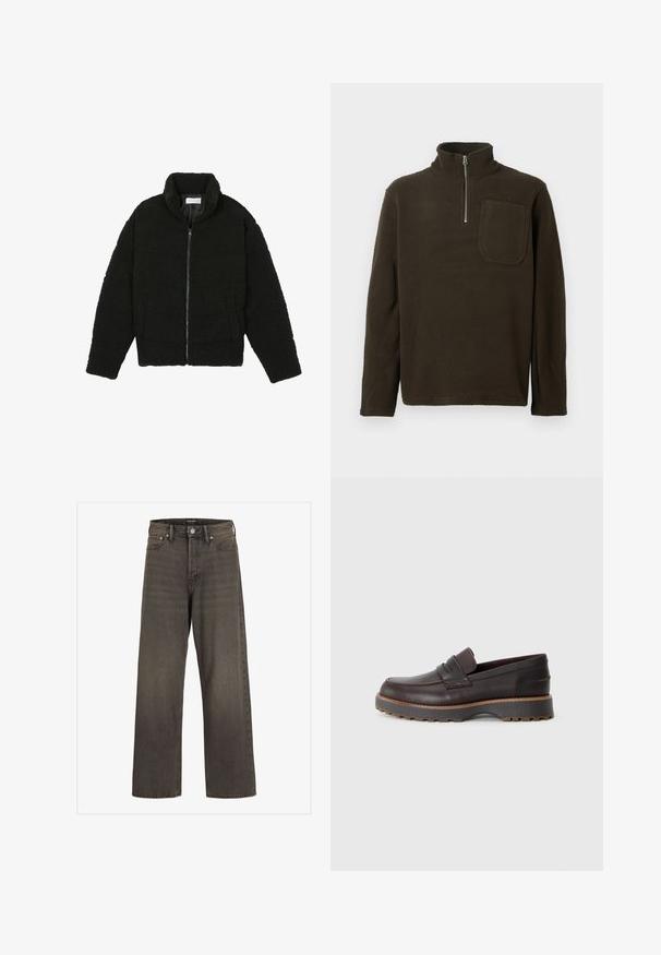 Svart fuskepelsjakke med høy krage, glidelås, elastiske mansjetter og quiltet design. Har sidelommer og en myk tekstur.; Brun fleece genser med høy krage, halvlukking og brystlomme. Myk tekstur og avslappet passform, med lange ermer.; Videbukser i mørkegrå denim, med høj talje, klassisk fem-lomme design og kontrasterende syninger langs sømmene.; Brune lærloafers med lav profil, med sømdetaljer, en lett hevet gummisåle og en glatt overflate.