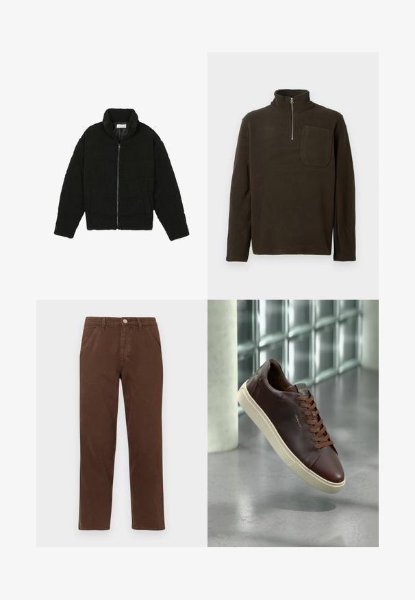 Černá umělá kožešinová bunda s vysokým límcem, zipovým uzávěrem, elastickými manžetami a prošívaným designem. Obsahuje postranní kapsy a jemnou texturu.; Hnědý fleece pulovr s vysokým límcem, půlzipem a kapsou na hrudi. Měkká struktura a uvolněný střih, s dlouhými rukávy.; Hnědé bavlněné kalhoty s rovnými nohavicemi, předními kapsami a kovovým zapínáním. Vynikají hladkým texturem a minimalistickým designem.; Hnědé kožené tenisky s kulatou špičkou, hnědými šňůrkami a béžovou gumovou podrážkou. Obsahují minimální branding na boku.