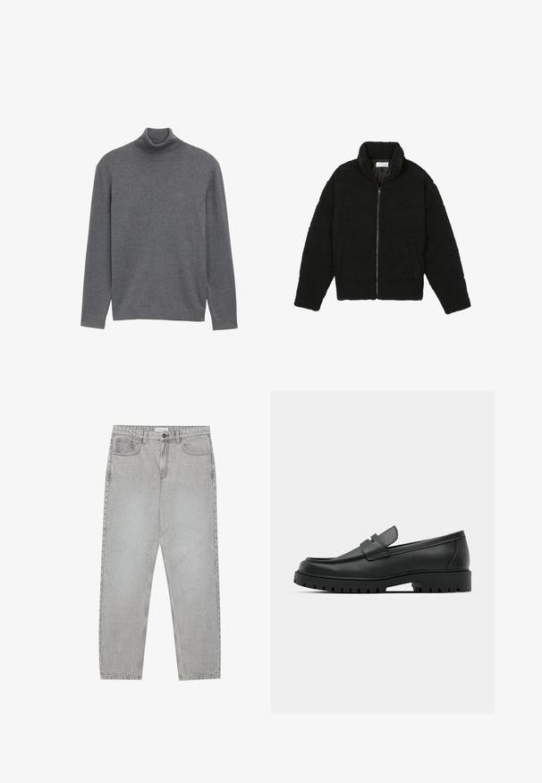 Crna jakna od umjetnog krzna s visokim ovratnikom, zatvaranjem na zip, elastičnim manžetama i kviltanim dizajnom. Sadrži bočne džepove i mekanu teksturu.; Sivi rolak džemper izrađen od mekanog pletenog materijala. Ima duge rukave i prilagođeni izrez na vratu, s minimalističkim dizajnom i bez vidljivih logotipa.; Svijetlosivi traper hlače s ravnim nogavicama, stilom s pet džepova i kopčanjem na gumb. Vidljivo šivenje duž šavova.; Crne kožne mokasine s zaobljenim vrhom, s ušivenim dizajnom, niskom platformom i teksturiranim, gumenim potplatom s izbočinama.
