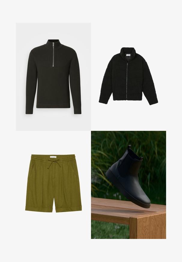 Casaco de pelo sintético preto com gola alta, fecho de zip, punhos elásticos e um design acolchoado. Apresenta bolsos laterais e uma textura suave.; Suéter preto de malha canelada com colarinho alto e fecho curto de zip, apresentando mangas longas e um design justo.; Bermudas verde-oliva feitas de tecido suave, com uma faixa elástica na cintura com cordão, dois bolsos laterais e barras dobradas.; Bota preta de couro até ao tornozelo com painéis laterais elásticos, textura suave, bico arredondado e sola plana, posicionada acima de uma mesa de madeira em fundo verde.