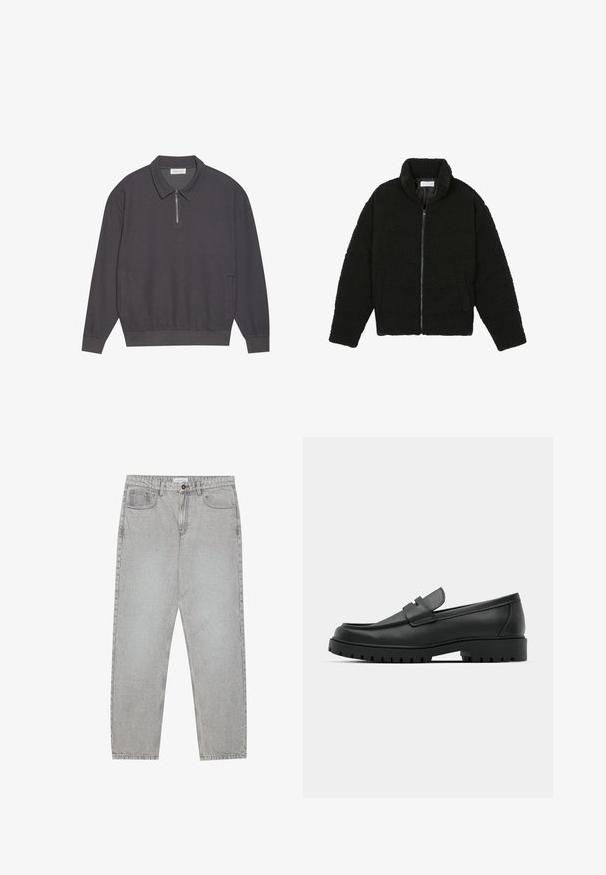 Čierna umelá kožušinová bunda s vysokým golierom, zipsom, elastickými manžetami a prešívaným dizajnom. Má bočné vrecká a jemnú textúru.; Tmavošedé polo tričko s dlhým rukávom a zipsovým golierom, rebrovanou textúrou, elastickými manžetami a bočnými vreckami. Neformálny a všestranný dizajn.; Svetlošedé denimové nohavice s rovným strihom, piatimi vreckami a zapínaním na gombík. Viditeľné švy pozdĺž švov.; Čierne kožené mokasíny s okrúhlou špičkou, s prešitým dizajnom, nízkou platformou a textúrovanou, zúbkovanou gumovou podrážkou.