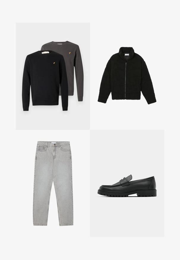 Chaqueta de pelaje sintético negro con cuello alto, cierre de cremallera, puños elásticos y un diseño acolchado. Cuenta con bolsillos laterales y una textura suave.; Dos sudaderas de cuello redondo, una negra y una gris carbón, hechas de un tejido suave con un pequeño logo amarillo en el pecho y puños acanalados.; Pantalones de mezclilla gris claro con un diseño de pierna recta, estilo de cinco bolsillos y cierre de botón. Costuras visibles a lo largo de las costuras.; Mocasines de cuero negro con punta redonda, que cuentan con un diseño cosido, suela de plataforma baja y una suela de goma texturada y con tacos.