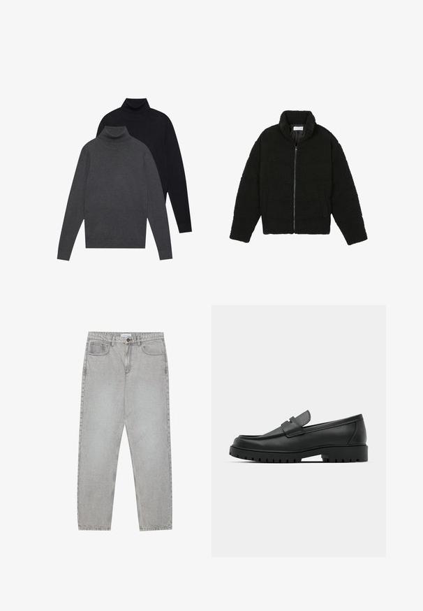 Black faux fur jacket with a high collar, zip closure, elastic cuffs, and a quilted design. Features side pockets and a soft texture.; Two folded long-sleeve turtleneck sweaters stacked, front in dark gray and back in black, on a plain white background.; Light grey denim pants with a straight-leg design, five-pocket styling, and a button closure. Visible stitching along the seams.; Black leather loafers with a rounded toe, featuring a stitched design, low platform sole, and a textured, lugged rubber outsole.