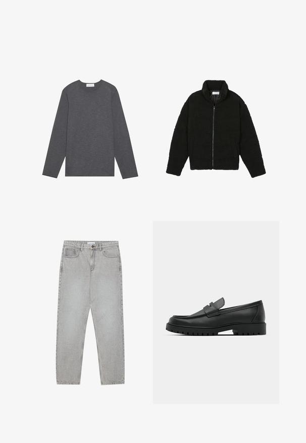 Must must karusnahast jakk kõrge kraega, lukuga sulgemine, elastsed varrukad ja tikandmuster. Omab küljetaskuid ja pehmet tekstuuri.; Pikkade varrukatega hall T-särk, pehmest kangast, ümarate kaelustega ja vabalt istuv, ilma nähtavate logode või mustriteta.; Heledad hallide denimpüksid otse säärekujundusega, viie-taskulise stiliseerimise ja nupukinnitusega. Nähtav õmblus kõrvuti.; Mustad musta nahast loafers, millel on ümar varvas, tikandiga disain, madal platvorm-soon ja tekstureeritud, soonikkummist välistald.