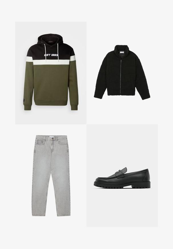 Sort faux fur jakke med høj krave, lynlås lukning, elastiske ærmer og et quiltet design. Har sidelommer og en blød tekstur.; Hættebluse med sorte, hvide og olivengrønne paneler, med "EST 1995" tekst foran og snoretræk detaljer. Fabrik i bomuldsblanding.; Lysegrå denimbukser med lige ben, fem lommer og knaplukning. Synlig syning langs sømmene.; Sorte læder loafers med rund tå, der har et syet design, lav platformssål og en struktureret, skridsikker gummisål.