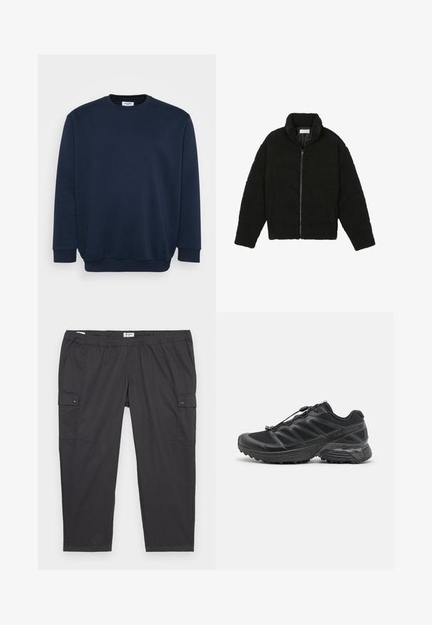 Black faux fur jacket with a high collar, zip closure, elastic cuffs, and a quilted design. Features side pockets and a soft texture.; Navy blue sweatshirt made of soft cotton blend, featuring a crew neck, long sleeves, and ribbed cuffs and hem. Minimalist design without patterns.; Black cargo pants with an elastic waistband, side pockets, and snap button accents. Made of lightweight, smooth fabric.; Black running shoe with mesh and synthetic upper, flexible outsole, and elastic laces. Features a cushioned midsole for comfort.