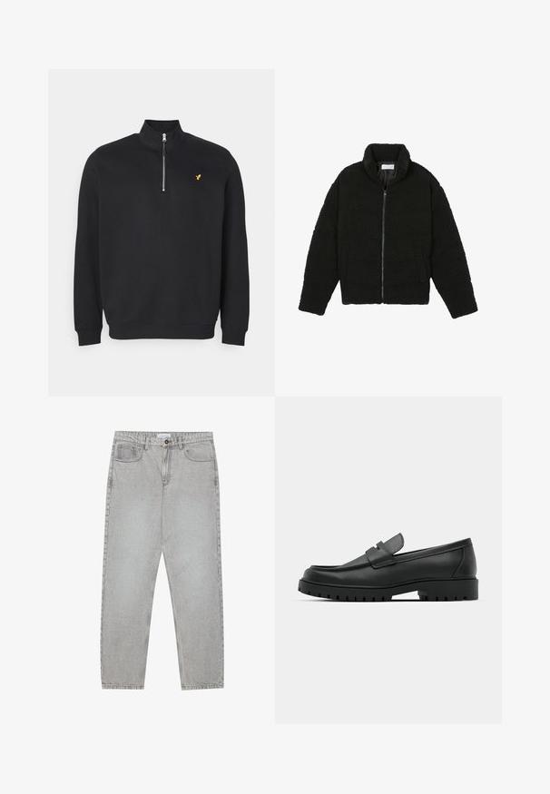 Casaco de pelo sintético preto com gola alta, fecho de zip, punhos elásticos e um design acolchoado. Apresenta bolsos laterais e uma textura suave.; Sweatshirt preto com gola alta, frente com fecho éclair e um pequeno logótipo dourado no lado esquerdo do peito. Textura suave e design casual.; Calças de ganga cinza claro com um design de perna reta, estilo de cinco bolsos e fecho com botão. Costura visível ao longo das costuras.; Sapatilhas de couro preto com bico arredondado, apresentando um design cosido, sola de plataforma baixa e um solado de borracha texturizado e com cravos.