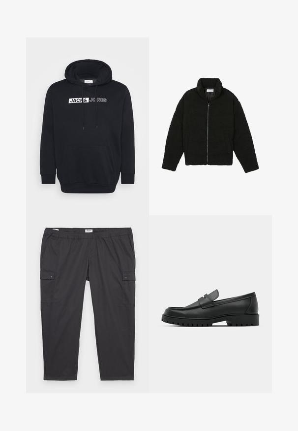 Černá umělá kožešinová bunda s vysokým límcem, zipovým uzávěrem, elastickými manžetami a prošívaným designem. Obsahuje postranní kapsy a jemnou texturu.; Černá mikina z materiálu s obsahem bavlny, s velkou přední kapsou, kapucí se šňůrkou a bílým potiskem s logem na hrudi.; Černé cargo kalhoty s elastickým pasem, bočními kapsami a akcenty na patentky. Vyrobeny z lehké, hladké tkaniny.; Černé kožené mokasíny s kulatou špičkou, zdobené prošitím, s nízkou platformou a texturovanou gumovou podrážkou s drážkováním.