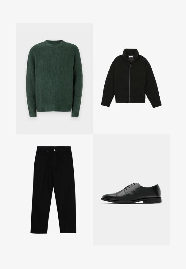 Black faux fur jacket with a high collar, zip closure, elastic cuffs, and a quilted design. Features side pockets and a soft texture.; Dark green knitted sweater with a crew neckline. Features ribbed cuffs and hem, textured pattern throughout, and long sleeves.; Black denim pants featuring a straight-leg cut, five-pocket design, and a front button closure. Smooth texture with minimal stitching details.; Black leather dress shoe with a rounded toe, lace-up design, subtle stitching details, and a low heel. Smooth texture with polished finish.