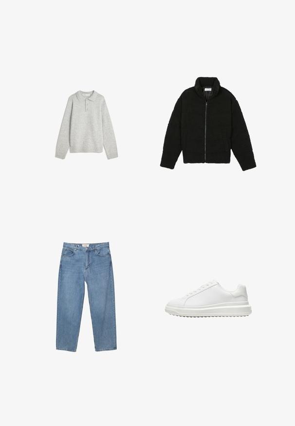 Schwarze Kunstpelzjacke mit hohem Kragen, Reißverschluss, elastischen Bündchen und gestepptem Design. Verfügt über seitliche Taschen und eine weiche Textur.; Grauer Strickpullover mit kragenähnlichem Ausschnitt, drei vorderen Knöpfen und geripptem Saum. Der Stoff wirkt weich und strukturiert und hat eine lockere Passform.; Hellblaue Denim-Jeans mit geradem Schnitt, Fünf-Taschen-Design und einem sichtbaren Markenlabel am Bund.; Weißer Sneaker mit einem glatten synthetischen Obermaterial, runder Spitze, flachen Schnürsenkeln, strukturiertem Sohlen und einem geschichteten, Plattform-Design für zusätzlichen Halt.