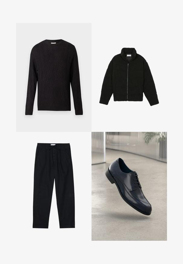 Chaqueta de pelaje sintético negro con cuello alto, cierre de cremallera, puños elásticos y un diseño acolchado. Cuenta con bolsillos laterales y una textura suave.; Suéter negro de manga larga con patrón de punto en forma de chevron y puños y dobladillo acanalados, con cuello redondo, presentado sobre un fondo blanco liso.; Pier One Pantalones chinos - black; Zapato de vestir de cuero negro brillante con cordones, flotando sobre un suelo liso de color gris claro y con barras metálicas verticales en el fondo.