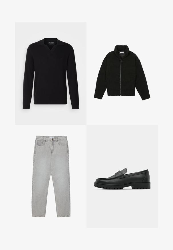 Chaqueta de pelaje sintético negro con cuello alto, cierre de cremallera, puños elásticos y un diseño acolchado. Cuenta con bolsillos laterales y una textura suave.; P suerte negra de punto con cuello en V y cuello doblado. Presenta mangas largas y un logo sutil en el pecho. Textura suave.; Pantalones de mezclilla gris claro con un diseño de pierna recta, estilo de cinco bolsillos y cierre de botón. Costuras visibles a lo largo de las costuras.; Mocasines de cuero negro con punta redonda, que cuentan con un diseño cosido, suela de plataforma baja y una suela de goma texturada y con tacos.