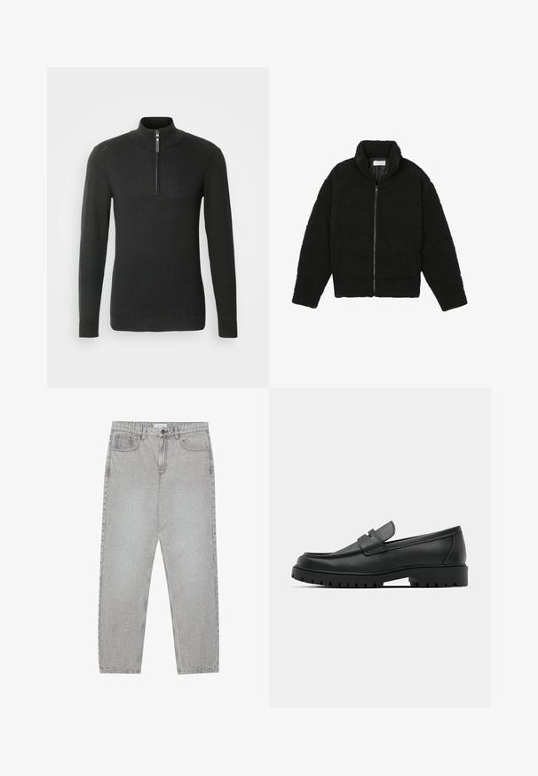 Giacca in pelliccia sintetica nera con colletto alto, chiusura con zip, polsini elasticizzati e design trapuntato. Presenta tasche laterali e una consistenza morbida.; Pullover nero a maglia con zip a quartino, maniche lunghe, collo e polsini a coste. Design semplice con minima texture e senza motivi.; Pantaloni in denim grigio chiaro con design a gamba dritta, stile a cinque tasche e chiusura con bottone. Cuciture visibili lungo le cuciture.; Mocassini in pelle nera con punta rotonda, caratterizzati da un design cucito, suola piatta bassa e un battistrada in gomma testurizzata e scolpita.