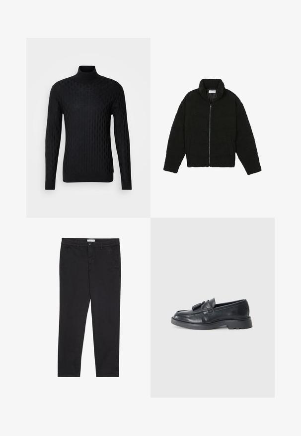 Svart fuskepelsjakke med høy krage, glidelås, elastiske mansjetter og quiltet design. Har sidelommer og en myk tekstur.; Svart høyhalset genser med en teksturert diamantmønster, laget av strikket materiale, med lange ermer og en tettsittende silhuett.; Sorte bomullbukser med smal passform, med to sidelommer og knappelukking foran. Teksturert stoff med subtile detaljer.; Sorte skinnloafers med rund tå, en stropp med frynser og en tykk såle med mønster. Glatt tekstur og klassisk design.