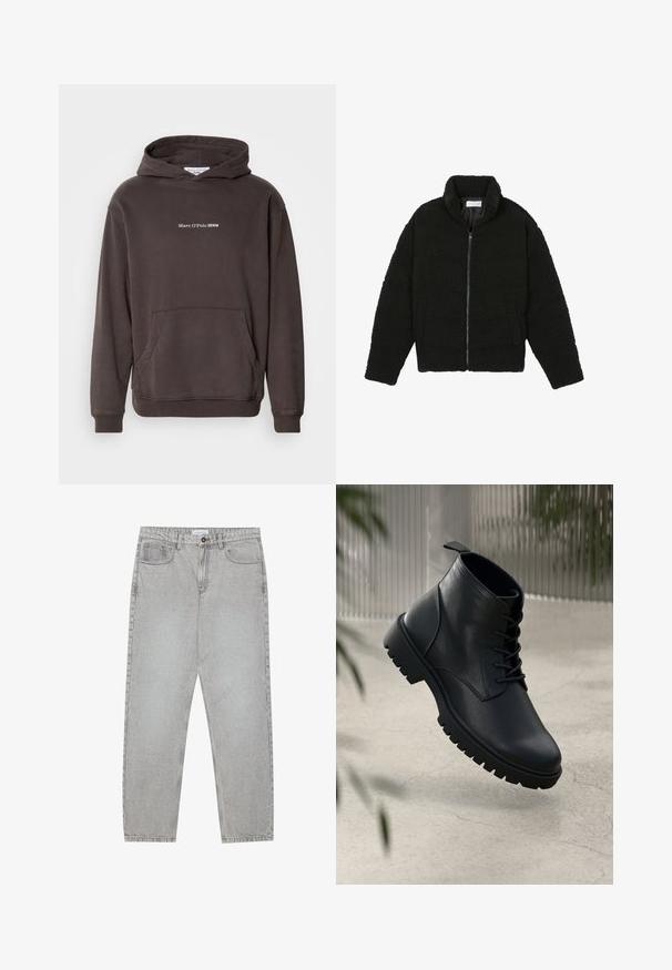 Giacca in pelliccia sintetica nera con colletto alto, chiusura con zip, polsini elasticizzati e design trapuntato. Presenta tasche laterali e una consistenza morbida.; Felpa marrone con tasca frontale, polsini e orlo a costine. Presenta un testo del logo bianco "Marc O'Polo DENIM" sul petto. Materiale morbido.; Pantaloni in denim grigio chiaro con design a gamba dritta, stile a cinque tasche e chiusura con bottone. Cuciture visibili lungo le cuciture.; Stivali alla caviglia in pelle nera con punta arrotondata, design con lacci e suola in gomma robusta. Texture liscia con una linguetta sul retro.