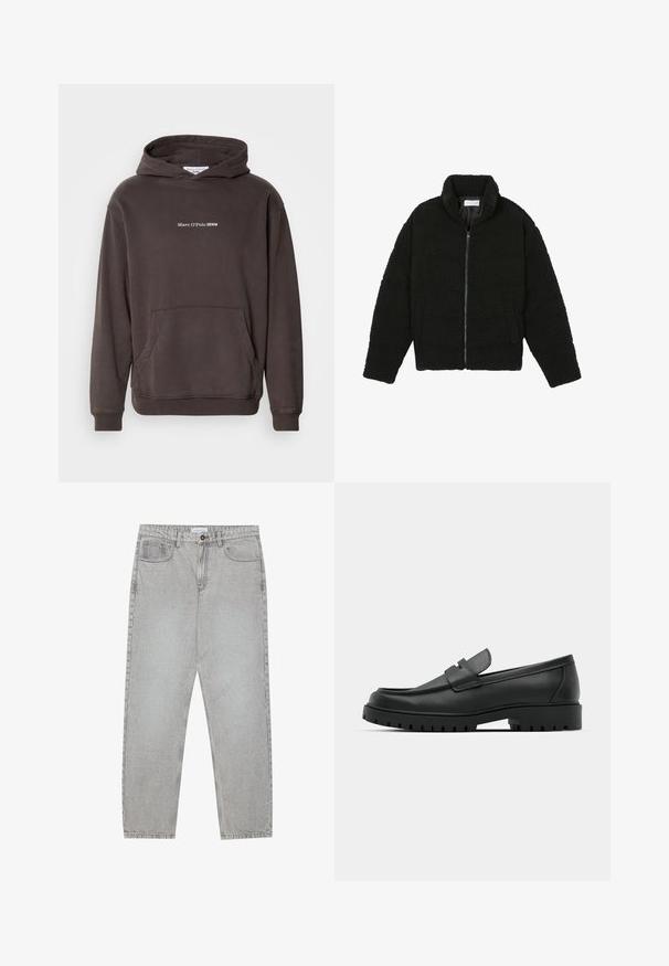 Svart fuskepelsjakke med høy krage, glidelås, elastiske mansjetter og quiltet design. Har sidelommer og en myk tekstur.; Brun hettegenser med frontlomme, ribbede mansjetter og nederkant. Har hvit logotekst "Marc O'Polo DENIM" på brystet. Mykt materiale.; Lys grå denimbukser med rett ben-design, fem lommer og knappelukking. Synlig søm langs sømmene.; Sorte lærloafere med rund tå, med en syddesign, lav plattformsåle og en teksturert, ruggede gummisåle.