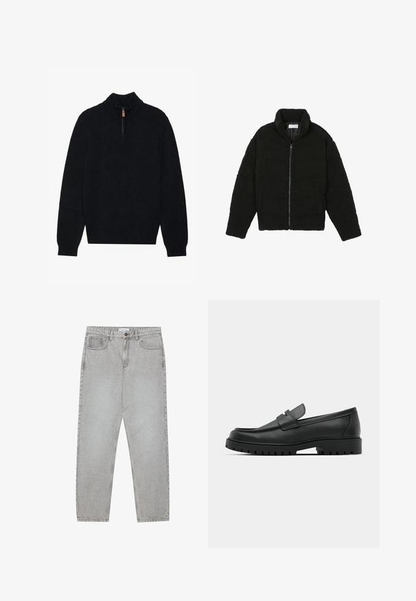 Zwarte faux fur jas met een hoge kraag, ritssluiting, elastische manchetten en een doorgestikt ontwerp. Beschikt over zijzakken en een zachte textuur.; Zwarte trui met een hoge hals en een halve rits, gemaakt van een zachte, gestructureerde stof. Heeft ribgebreide manchetten en een ribgebreide zoom.; Lichtgrijze denimbroek met een recht model, vijfzakkenstijl en een knoopsluiting. Zichtbare stiksels langs de naden.; Zwarte leren instappers met een ronde neus, voorzien van een gestikt ontwerp, een lage platformzool en een gestructureerde, grof rubberen buitenzool.