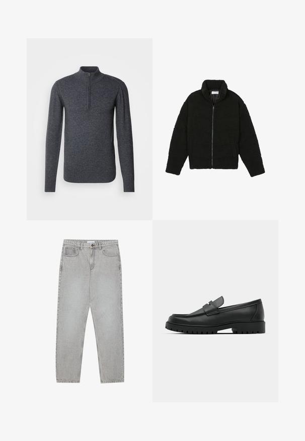 Giacca in pelliccia sintetica nera con colletto alto, chiusura con zip, polsini elasticizzati e design trapuntato. Presenta tasche laterali e una consistenza morbida.; INDICODE JEANS Maglione - charcoal mix; Pantaloni in denim grigio chiaro con design a gamba dritta, stile a cinque tasche e chiusura con bottone. Cuciture visibili lungo le cuciture.; Mocassini in pelle nera con punta rotonda, caratterizzati da un design cucito, suola piatta bassa e un battistrada in gomma testurizzata e scolpita.