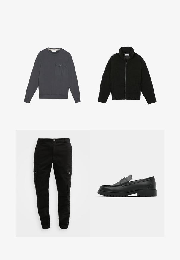 Čierna umelá kožušinová bunda s vysokým golierom, zipsom, elastickými manžetami a prešívaným dizajnom. Má bočné vrecká a jemnú textúru.; Šedá mikina vyrobená z bavlnenej zmesi, so zaobleným výstrihom, dlhými rukávmi, prednou vreckom na hrudi s gombíkom, rebrovanými manžetami a lemom.; Čierne cargo nohavice z odolnej látky, s bočnými vreckami, zapínaním na gombík a úzkym strihom. Hladký povrch s minimálnym zdobením.; Čierne kožené mokasíny s okrúhlou špičkou, s prešitým dizajnom, nízkou platformou a textúrovanou, zúbkovanou gumovou podrážkou.