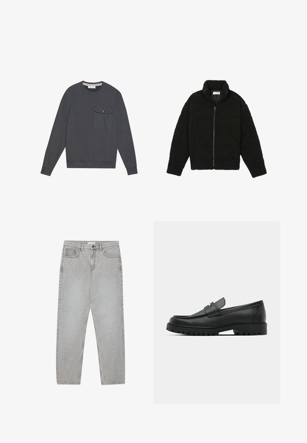 Black faux fur jacket with a high collar, zip closure, elastic cuffs, and a quilted design. Features side pockets and a soft texture.; Gray sweatshirt made of cotton blend, crew neck, long sleeves, front chest pocket with button, ribbed cuffs and hem.; Light grey denim pants with a straight-leg design, five-pocket styling, and a button closure. Visible stitching along the seams.; Black leather loafers with a rounded toe, featuring a stitched design, low platform sole, and a textured, lugged rubber outsole.