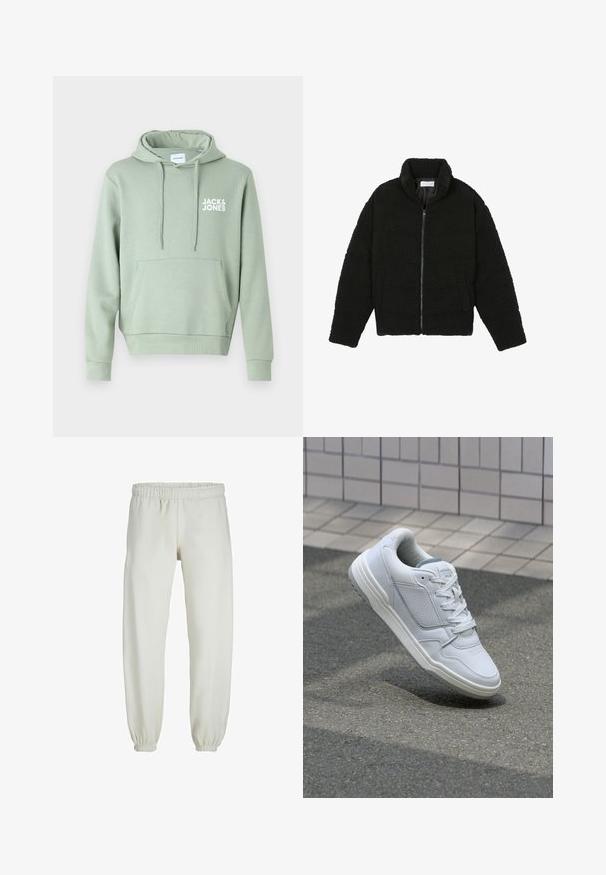 Čierna umelá kožušinová bunda s vysokým golierom, zipsom, elastickými manžetami a prešívaným dizajnom. Má bočné vrecká a jemnú textúru.; Jack & Jones JJECORP LOGO HOOD - Mikina s kapucňou - iceberg green; Biele teplákové nohavice vyrobené z mäkkej textílie, s elastickým pásom a manžetami, s hladkým povrchom a voľným strihom.; Biele kožené tenisky s perforovanými stranami, textúrovanými akcentmi, plochými šnúrkami a kontrastnou sivou pätou. Majú mierne zvýšenú podrážku.