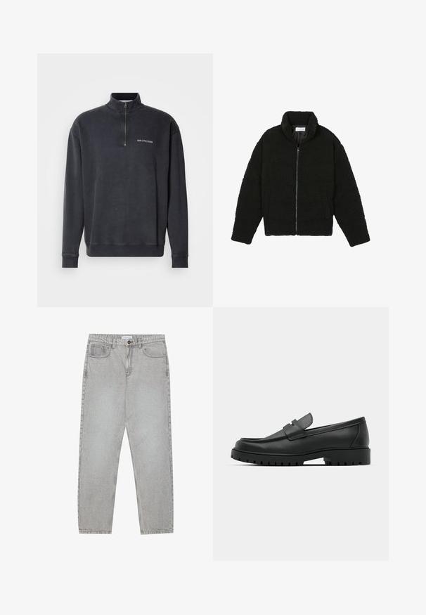 Zwarte faux fur jas met een hoge kraag, ritssluiting, elastische manchetten en een doorgestikt ontwerp. Beschikt over zijzakken en een zachte textuur.; Grijs katoenmix pullover met rits tot kwart. Heeft een geribde kraag en manchetten, met een klein wit logo op de borst. Glad textuur.; Lichtgrijze denimbroek met een recht model, vijfzakkenstijl en een knoopsluiting. Zichtbare stiksels langs de naden.; Zwarte leren instappers met een ronde neus, voorzien van een gestikt ontwerp, een lage platformzool en een gestructureerde, grof rubberen buitenzool.