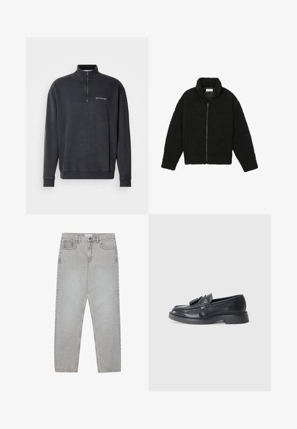 Schwarze Kunstpelzjacke mit hohem Kragen, Reißverschluss, elastischen Bündchen und gestepptem Design. Verfügt über seitliche Taschen und eine weiche Textur.; Dunkelgrauer Sweatpullover mit Viertelreißverschluss aus Baumwollmischung. Mit geripptem Kragen und Bündchen, sowie einem kleinen weißen Logo auf der Brust. Glatte Textur.; Helle graue Jeanshose mit gerade geschnittenem Design, Fünf-Taschen-Stil und Knopfverschluss. Sichtbare Nähte entlang der Seitennähte.; Schwarze Leder Slipper mit abgerundeter Spitze, einem Riemen mit Quasten und einer dicken Sohle mit einem Profilmuster. Glatte Textur und klassisches Design.